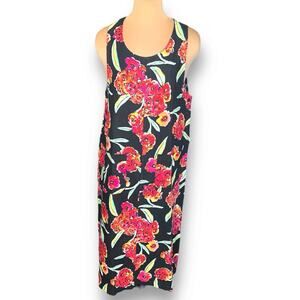 Vintage Floral Linen Pinafore Midi Dress Black Red Sleeveless Pockets Large
